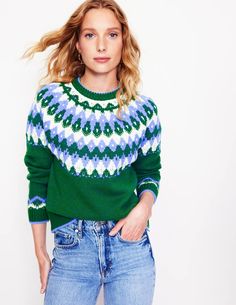 Eleanor Fair Isle Sweater - Pine Green | Boden US Holiday Party Outfit Ideas, Fair Isle Jumper, Fair Isle Pullover, Mug Of Hot Chocolate, Chic Prints, Be My Guest, Party Outfit Ideas, Boden Uk, Fair Isle Knitting