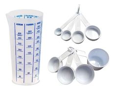 measuring cups and spoons are shown on a white background