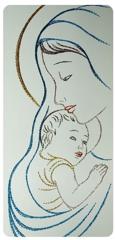 a drawing of a woman holding a child in her arms with colored crayons on it