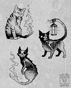 three cats with skeletons on their backs, one is holding a lantern and the other has a