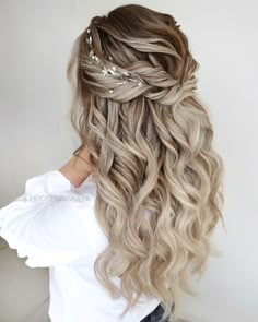 Bridal Half Up Half Down With Hair Piece, Curls Bride Hair, Wedding Day Hairstyles For Bride, Boho Wedding Hair Down, Mermaid Wedding Hair, Silver Hair Vine, Bridal Hair Down, Wedding Hair Half, Hair Vine Bridal