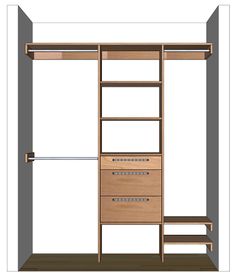 an open closet with drawers and shelves on the bottom shelf, in front of a white background