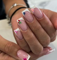 Square Tip Nail Ideas, Summer Nails 2024 French, Square Biab Nails Summer, Simple But Cool Nails, Simple Biab Designs, Festival Nails Square, Nails Ideas Colourful, French Tip Pattern Nails, Spain Holiday Nails