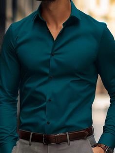 Dark Green Casual Collar Long Sleeve Fabric Plain Shirt Embellished Slight Stretch  Men Clothing Casual Outfits For Men Wedding, Plain Shirts For Men, Forest Green Shirts Elegant Men, Dark Green Shirt For Men, Turquoise Shirt Outfit, Green Semi-formal Button-up Shirt, Teal Shirt Outfit, Green Long Sleeve Semi-formal Shirt, Blue Shirt Combination