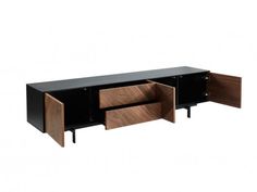 the sideboard is made out of wood and black metal