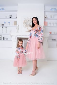 "A set of dresses for mom and daughter. Luxurious silk dresses with floral print.  Puffy skirt dresses for mom and daughter They are incredibly cool. Delicate dresses, at the same time very elegant. The classic style of dresses will always be relevant. Agree, it looks amazing.  Indulge yourself with luxurious looks with Family look from Angelove! The dress comes with a removable belt. A fluffy dress for a girl with a pale pink skirt. The top is made of matte silk with floral print. 100% cotton l Elegant Spring Matching Set Dresses, Pink Family Matching Dresses For Spring, Pink Matching Dresses For Spring, Long Sleeve Birthday Dress, Dresses For Mom And Daughter, Tulle Photoshoot, Dress Mother And Daughter, Pale Pink Skirt, Fluffy Dress