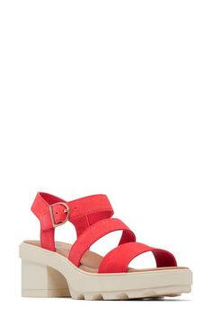 An adjustable ankle strap lends easy wear to a versatile sandal lifted by a chunky platform and stacked block heel. 2 1/2" heel, 1 1/4" platform (size 8.5) Adjustable ankle strap with buckle closure Leather upper/synthetic lining/rubber sole Imported