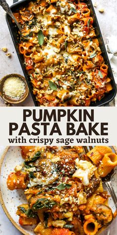 pumpkin pasta bake with crispy sage walnuts and parmesan cheese on top