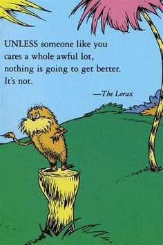 the lorax is sitting on top of a tree stump and looking at it