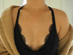 14k Gold & Tiny Diamonds Mesh Halter Bra Body Chain Full Body Chain, Shoulder Jewelry, Gold Body Chain, Chain Bra, Gold Bodies, Real Gold Jewelry, Tiny Diamond, Halter Tops, Belly Chain