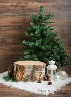 a small christmas tree sitting on top of a white rug next to a wooden stump