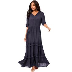 This tiered maxi is crafted from crinkle crepe with lace detailing at the V-neckline, sleeves and tiers. This breezy dress has a tie-back detail that lends to its boho feel. Plus Size Lace, Breezy Dress, Lace Outfit, Gauze Dress, Tiered Maxi Dress, Double Gauze, Boho Maxi Dress, Lace Maxi Dress, Maxi Wrap Dress