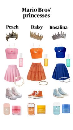 the different types of clothes and shoes are shown in this graphic style, with text reading mario bros princesses peach daisy rosula