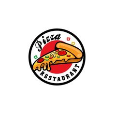 a pizza restaurant logo with the word pizza written in bold letters and an image of a slice of pizza