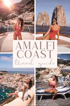 the amalfi coast travel guide with photos of women in bikinis and sunbathers