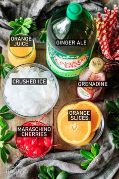 the ingredients for an orange jello recipe on a wooden table with text overlay