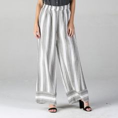 Striped Wide Leg Pants Border Hem Cool, Breathable Pants Gray High-waisted Wide Leg Summer Pants, Gray High-waisted Wide Leg Pants For Summer, Gray Straight Pants For Summer, Gray Summer Trousers, Summer Gray Trousers, Silver Wide Leg Bottoms For Summer, Gray Bottoms For Summer, Chic Silver Wide Leg Pants, Gray Summer Pants With Elastic Waistband