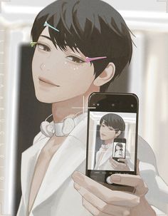 an anime character holding up a cell phone to take a selfie with his face