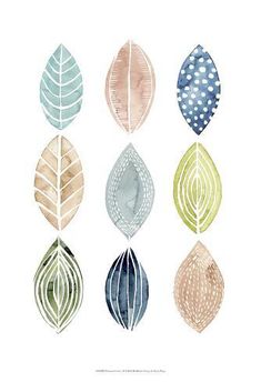 six watercolor leaves with polka dots on them