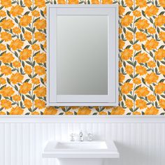 a white sink sitting under a bathroom mirror next to a wall mounted faucet