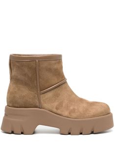 camel brown calf suede faux-shearling lining slip-on style round toe branded insole chunky rubber lug sole Leather Cap, Boot Pumps, Beach Tote Bags, Suede Ankle Boots, Lug Sole, Womens Boots Ankle, Suede Boots, Gianvito Rossi, Brown Boots