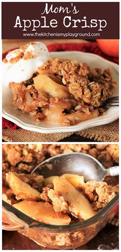 an apple crisp is served in a glass dish