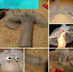 four pictures showing how to make a mesh bow with eyes and nose for an angel costume