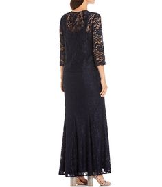 Le Bos Embroidered Stretch Floral Lace 3/4 Sleeve Square Neck 2-Piece Jacket Gown | Dillard's Latest Trends, Lace, Purple, Floral