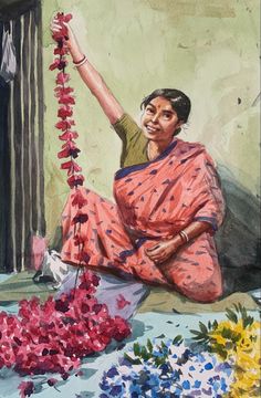 a painting of a woman sitting on the ground with flowers in front of her,