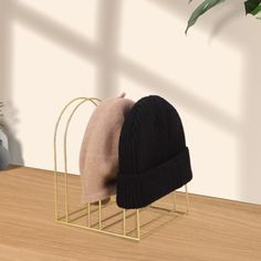 two hats sitting on top of a metal stand next to a potted plant in a room