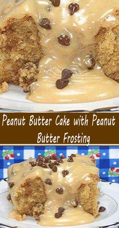 two pictures of peanut butter cake with peanut frosting and chocolate chips on the side