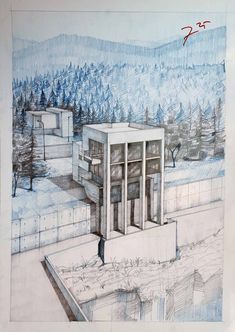 a drawing of a building in the middle of a field with trees and mountains behind it