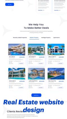 the real estate website is displayed in blue and white colors, with an image of houses on