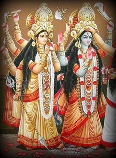 Dakshineshwari (blue) and possibly Chandi -- goddesses who are emanations of Kali. Mahakaali Maa, Mata Kali, Moola Mantra, Navratri Puja