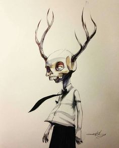 a drawing of a skeleton with horns on it's head, wearing a white shirt and black skirt