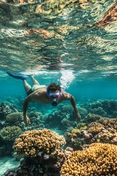 a man swimming over a coral reef in the ocean