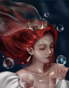 a woman with red hair wearing a tiara blowing bubbles