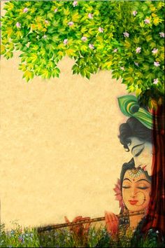 an artistic painting of two women under a tree with green leaves and flowers on it