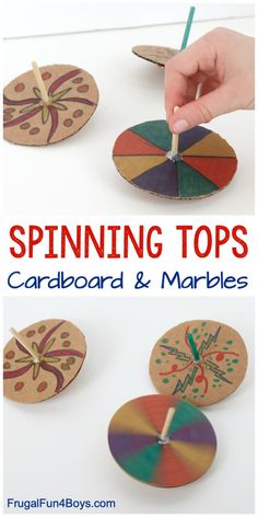 the spinners are made from cardboard and have colorful designs on them, with text overlay