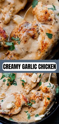 creamy garlic chicken is served in a skillet and garnished with parsley