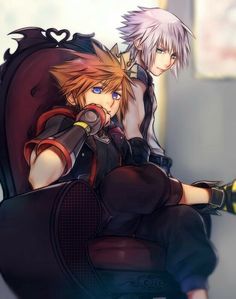 two anime characters sitting in chairs with one holding the other's arm around his neck