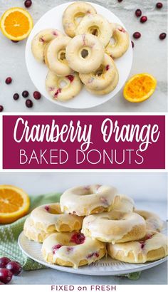 cranberry orange baked doughnuts on a white plate with an orange in the background