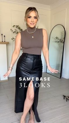 Midi Skirt And Blouse Outfit, Long Black Split Skirt Outfit, Maxi Black Leather Skirt Outfit, Fall Fashion 2024 Women Work, Skirts With Pantyhose Outfits, Leather Skirt Thanksgiving Outfit, Black Leather Shirt Outfit Women, Faux Leather Maxi Skirt, Leather Cargo Skirt Outfit