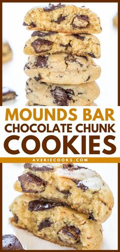 Mounds Bar Chocolate Chunk Cookies, easy cookie recipes, sweet treats Mounds Bars, Mounds Bar, Bounty Bars, Easy Cookie Recipe, Averie Cooks, Chewy Chocolate Chip, Chewy Chocolate Chip Cookies, Chocolate Chunk, Coconut Cookies