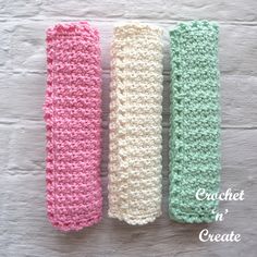 three crocheted headbands are lined up on a wall with the words, crochet in create