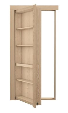 an open wooden bookcase with shelves and doors on both sides, in front of a white background