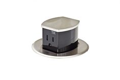 a black and silver plate with an electrical outlet in the shape of a house on it