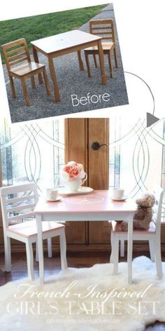 the before and after photos of a dining room table with two chairs, one chair has been