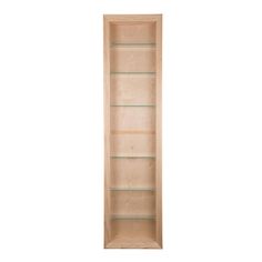 an empty wooden bookcase with glass shelves