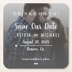 save the date photo coasters with hearts and text on white paper, featuring an image of a man and woman kissing each other